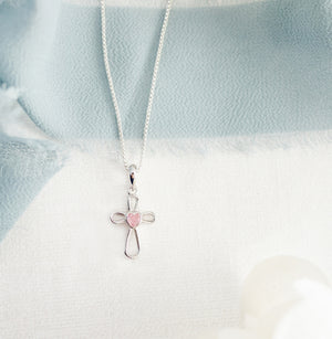 Girls Sterling Silver Pink Heart Cross Necklace