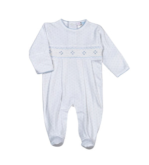 Tim Blue Dots Hand Smocked Pima Footie