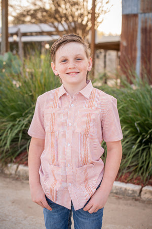 Game Day Short Sleeve Guayabera Shirt | Burnt Orange Wave Check