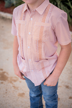 Game Day Short Sleeve Guayabera Shirt | Burnt Orange Wave Check