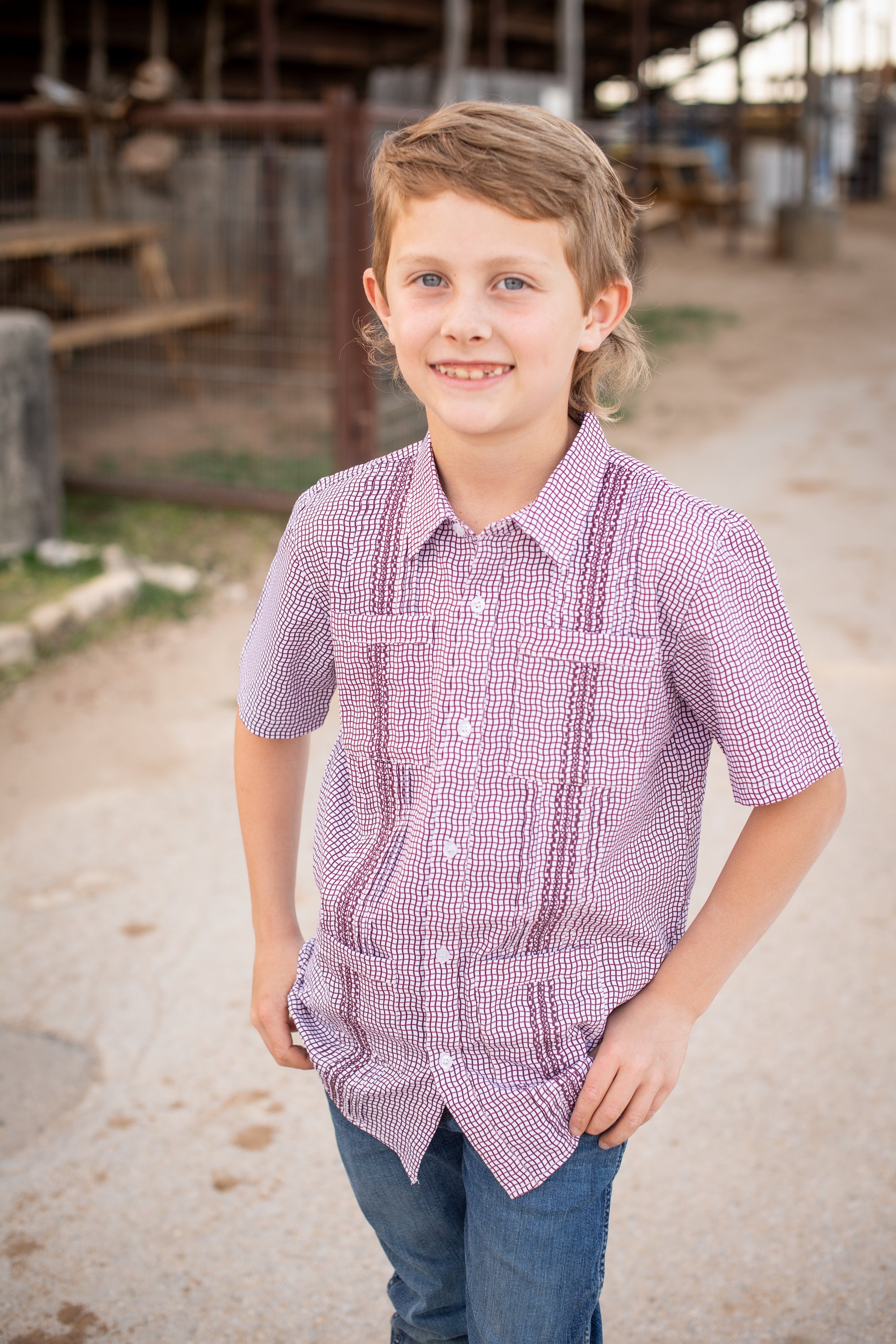 Game Day Short Sleeve Guayabera Shirt | Maroon Wave Check