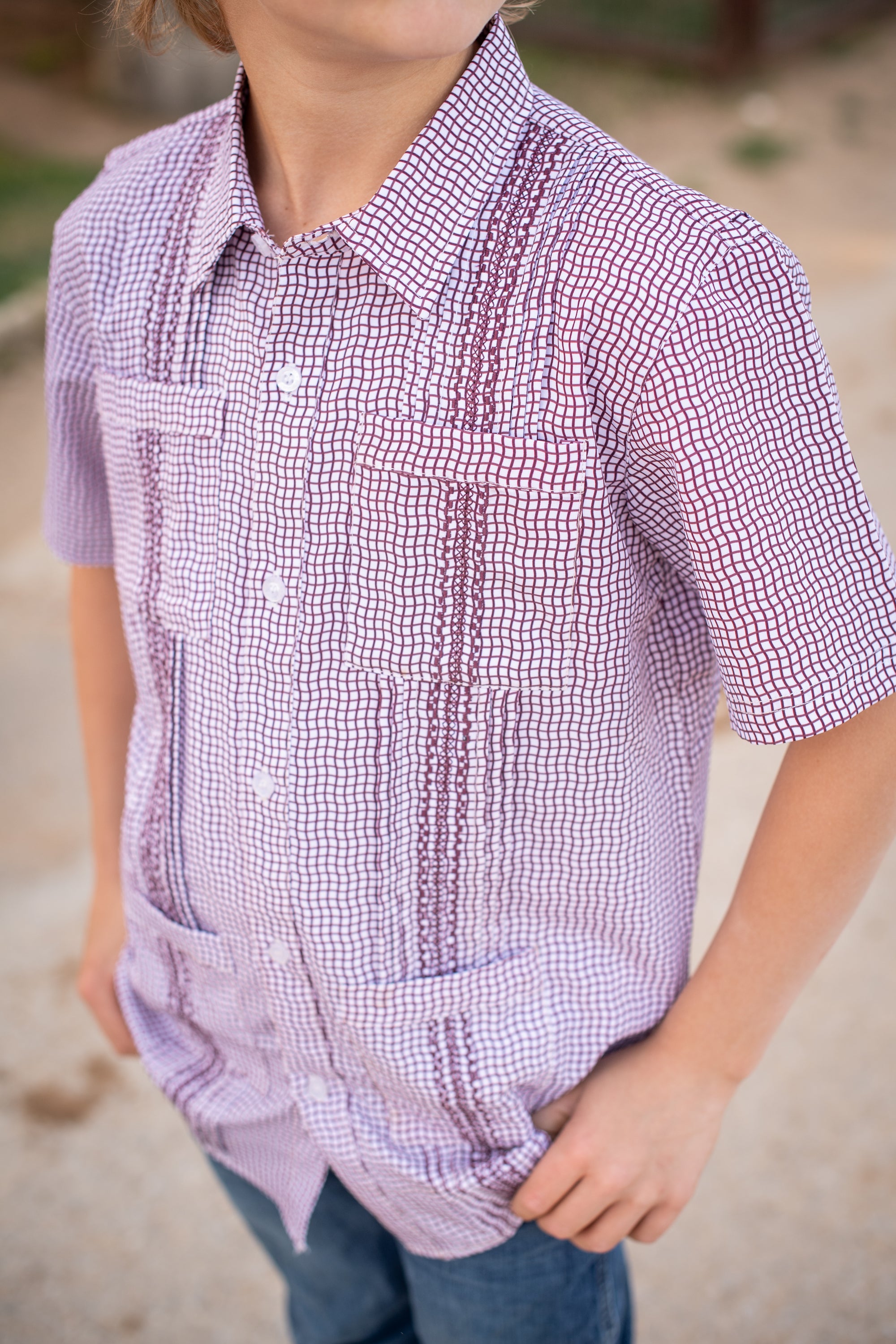 Game Day Short Sleeve Guayabera Shirt | Maroon Wave Check