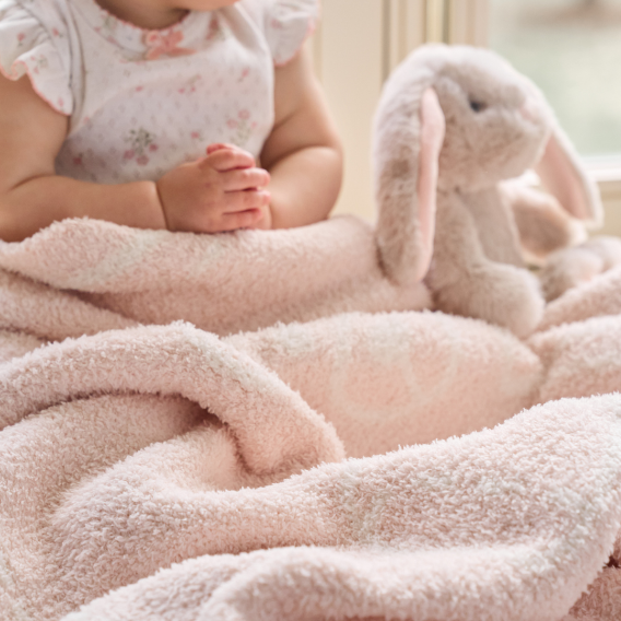 Pale Pink Teddy Bear Feather Knit Baby Blanket