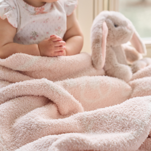 Pale Pink Teddy Bear Feather Knit Baby Blanket
