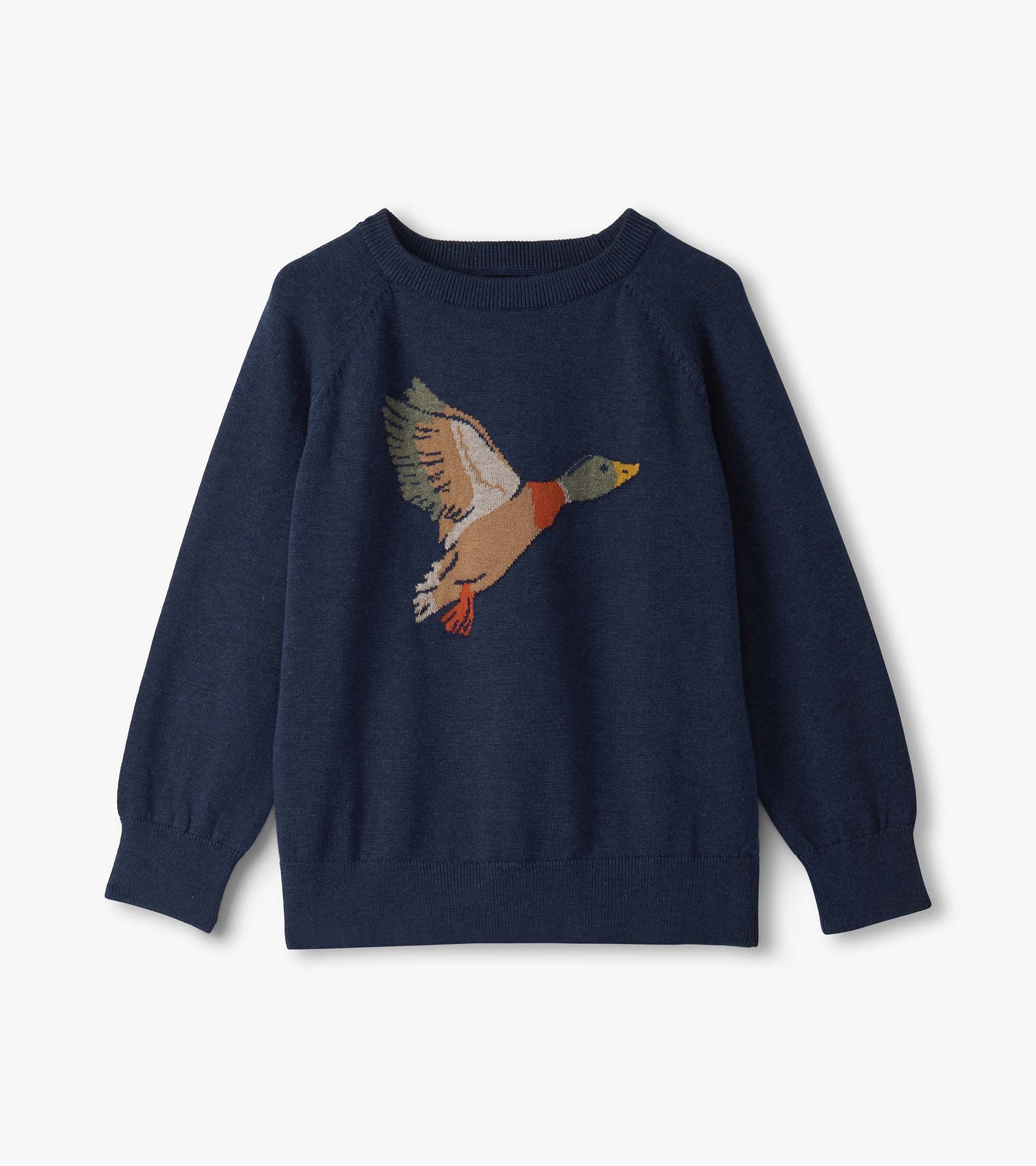 Navy sweater with a duck design on a light gray background