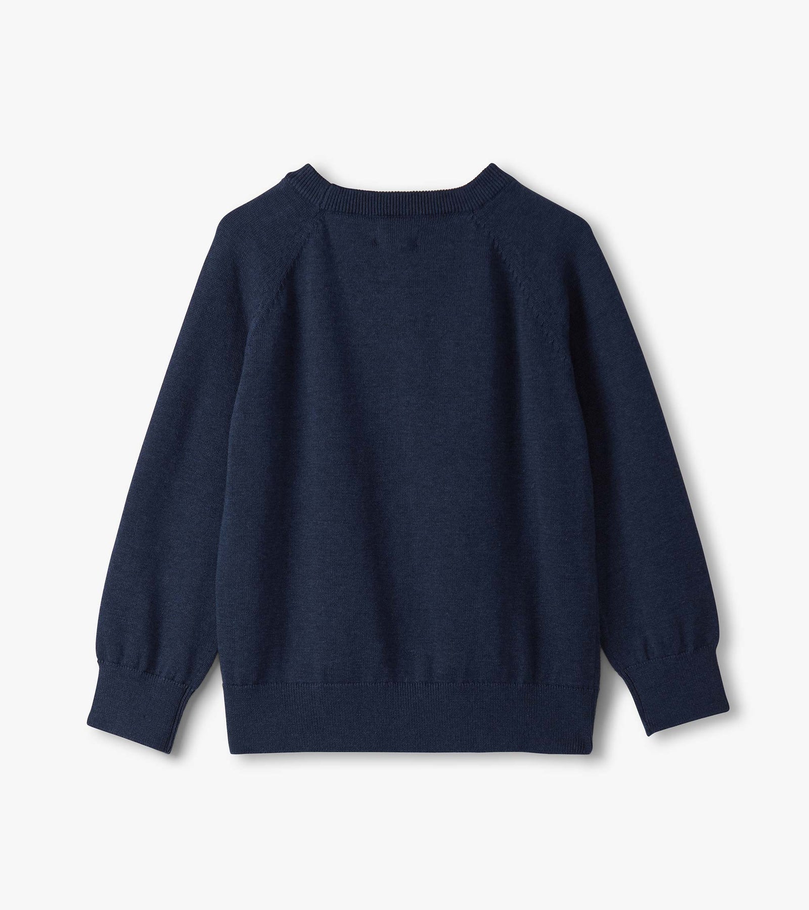 Navy sweater with a duck design on a light gray background