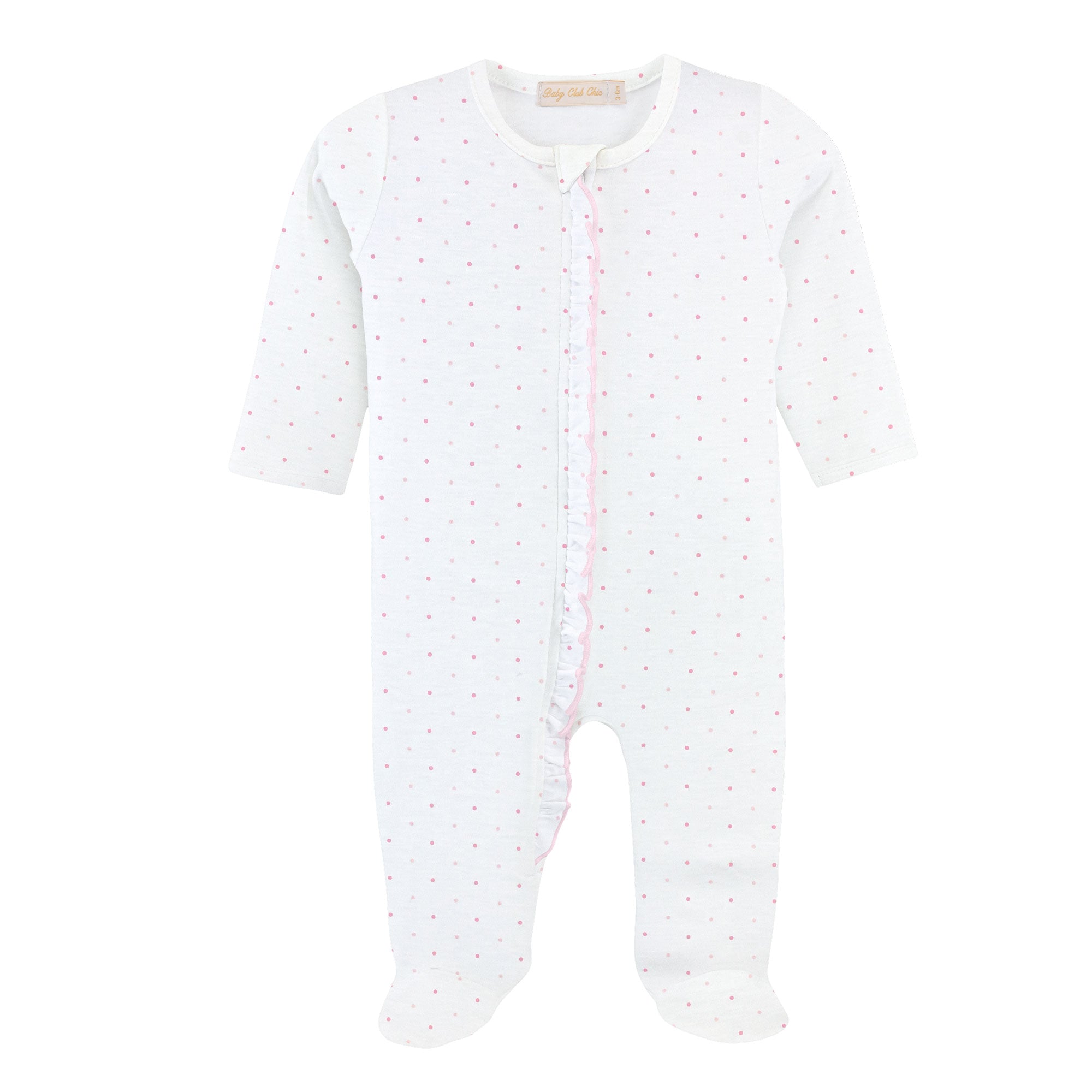 Pink Dots Printed Zipper Footie with Ruffles