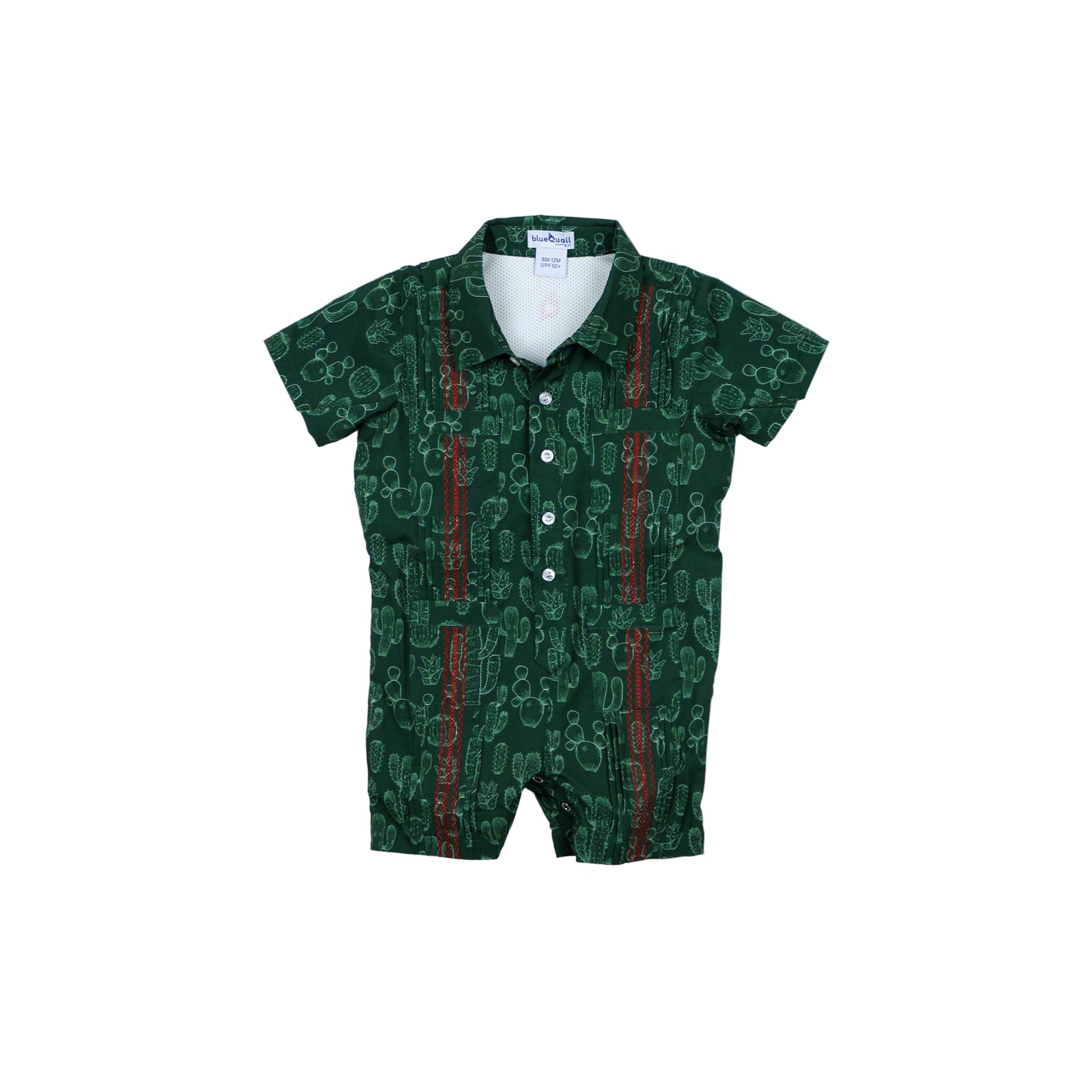 Short Sleeve Guayabera Romper | Feliz Navidad
