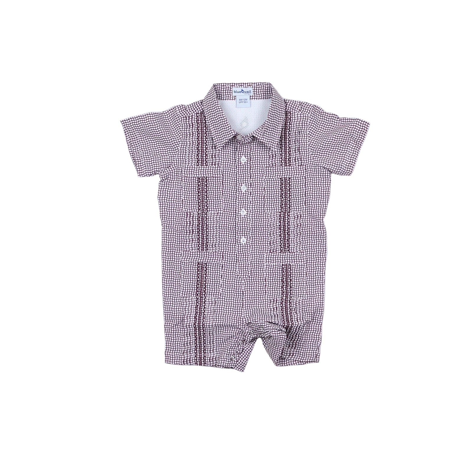 Game Day Short Sleeve Guayabera Romper | Maroon Wave Check