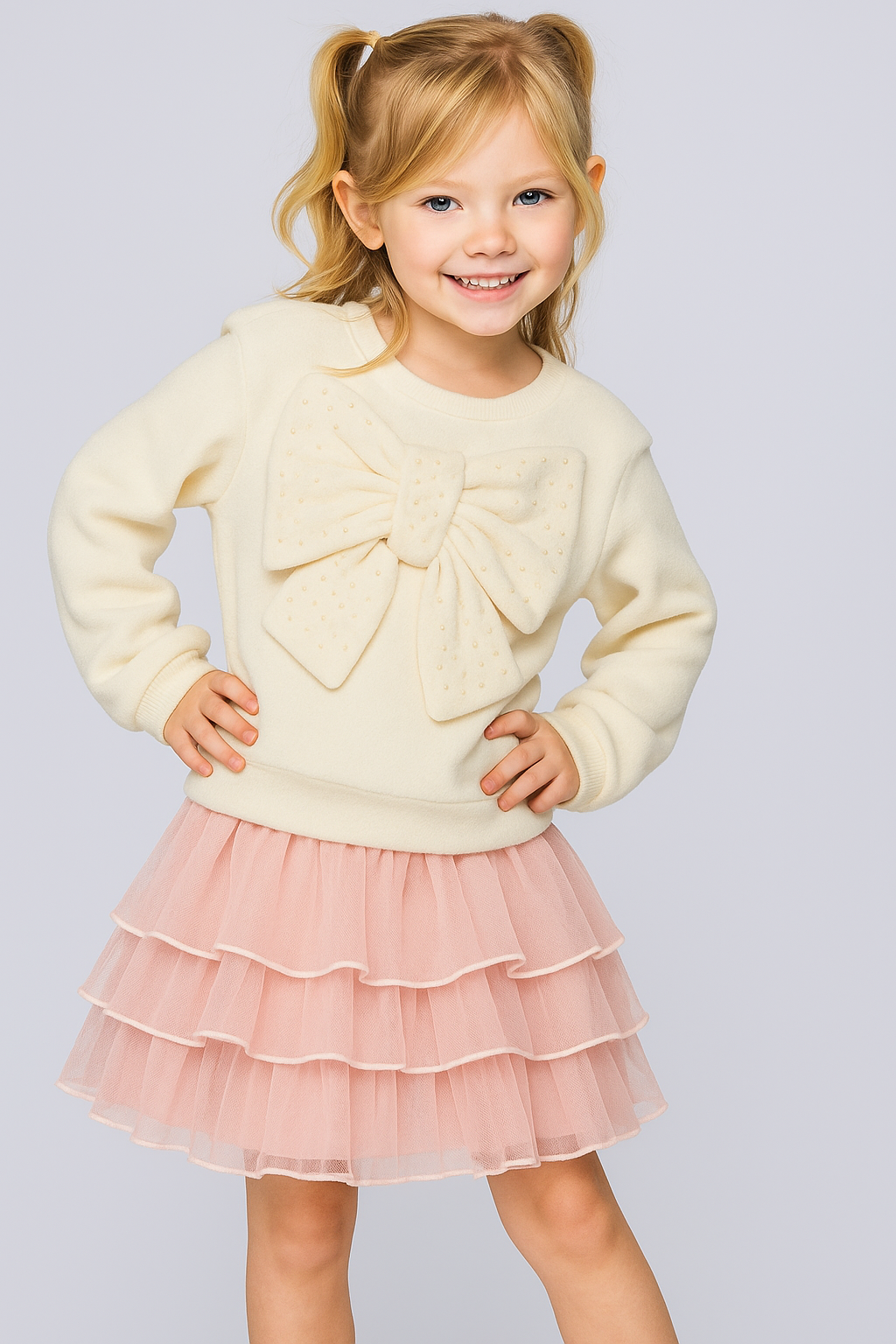 Long Sleeve Sherpa Bow Top with Pearls