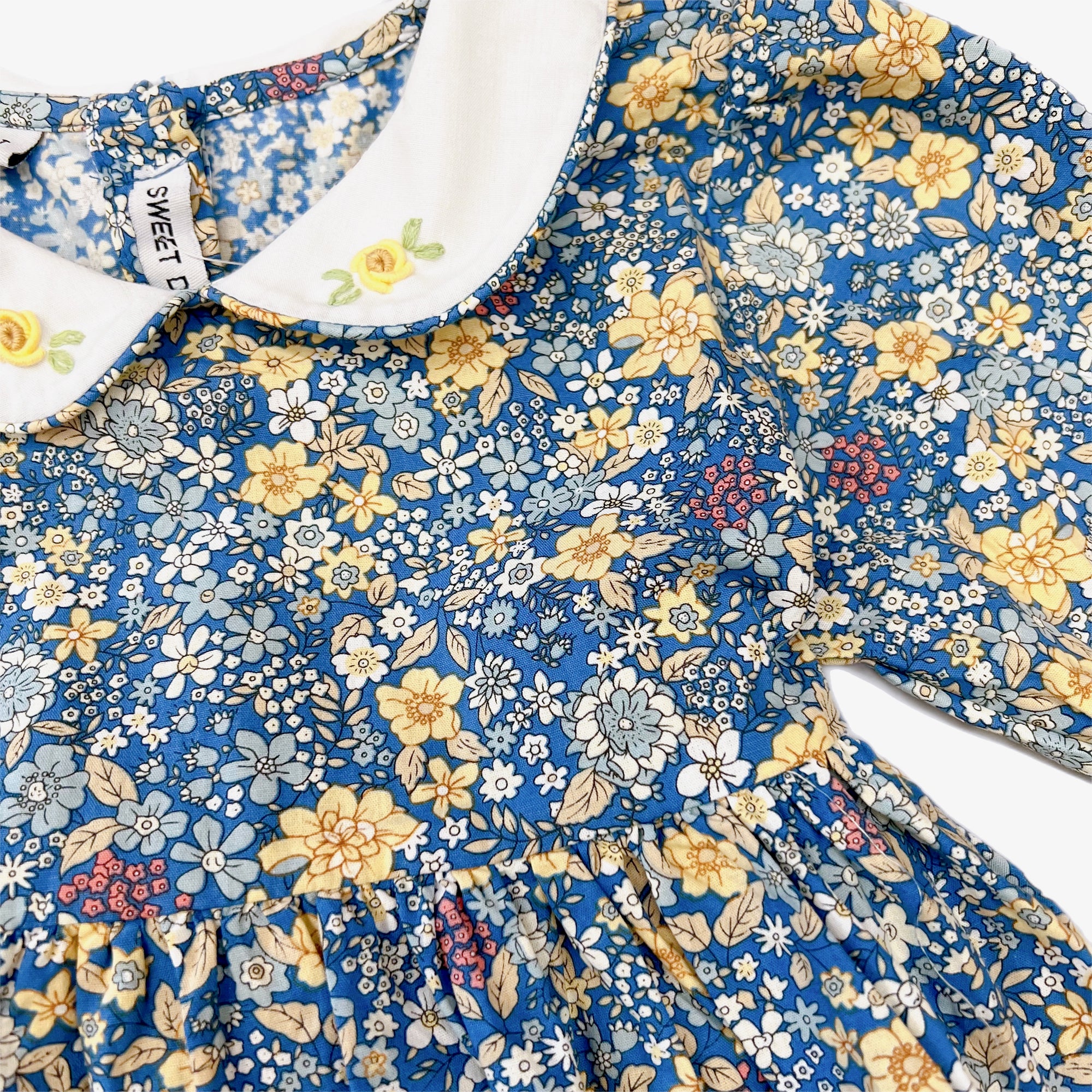 Blue Fall Floral Peter Pan Collar Bubble with Embroidery