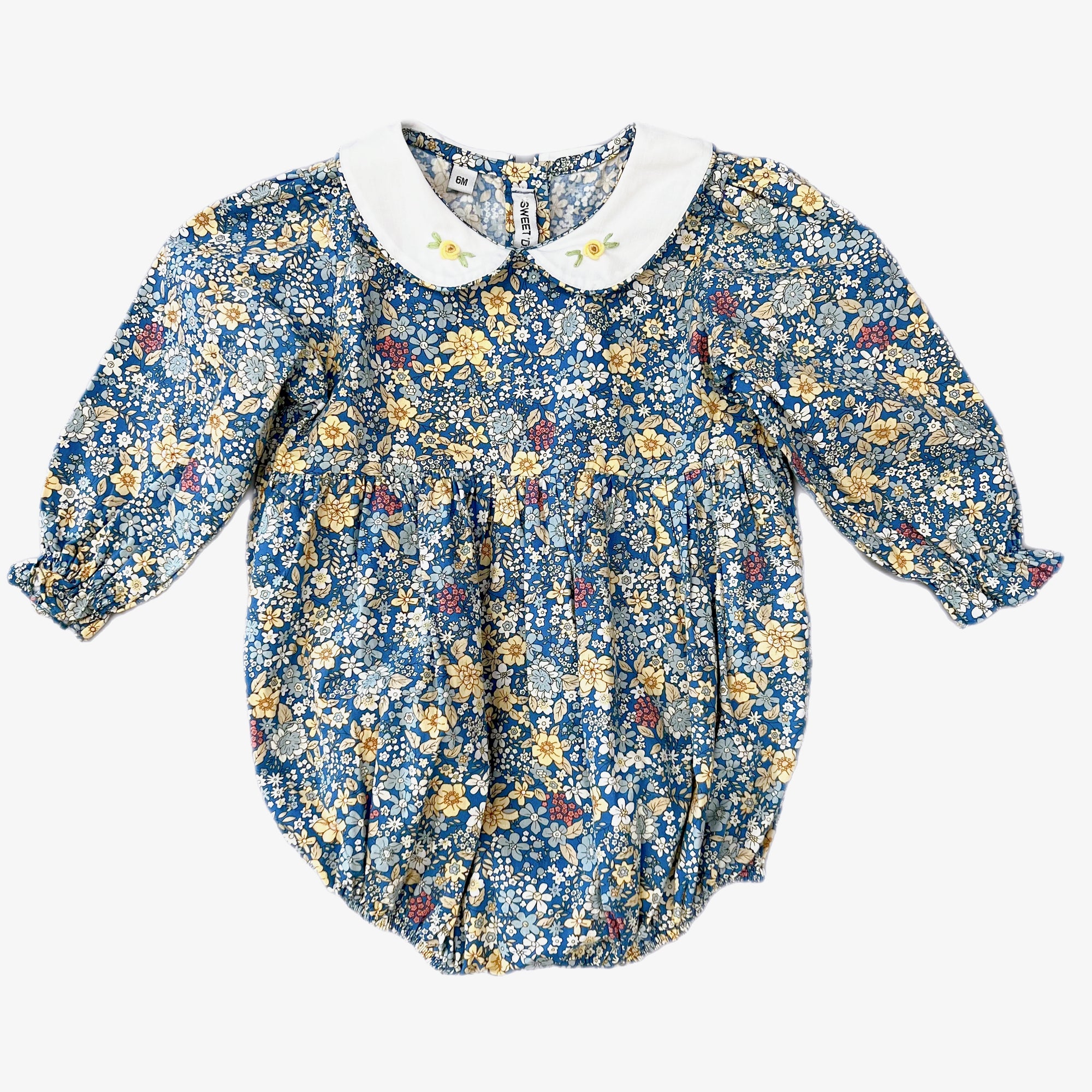 Blue Fall Floral Peter Pan Collar Bubble with Embroidery