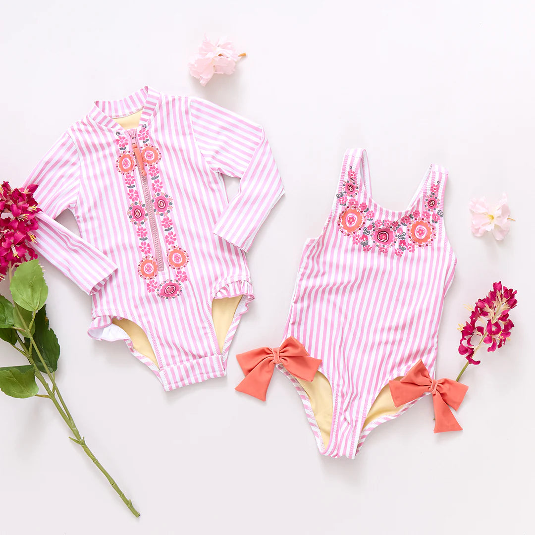 Sutton Swimsuit | Pink Faux Embroidery Stripe