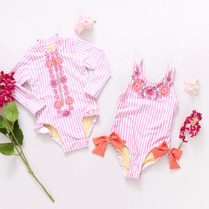 Sutton Swimsuit | Pink Faux Embroidery Stripe