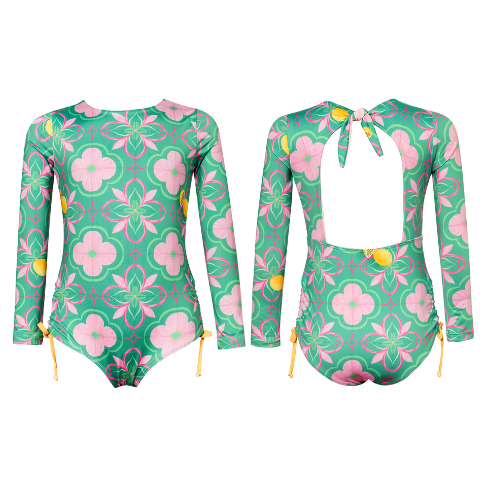 Girls Jess Long Sleeve Rashguard Swimsuit | Azulejo Verde