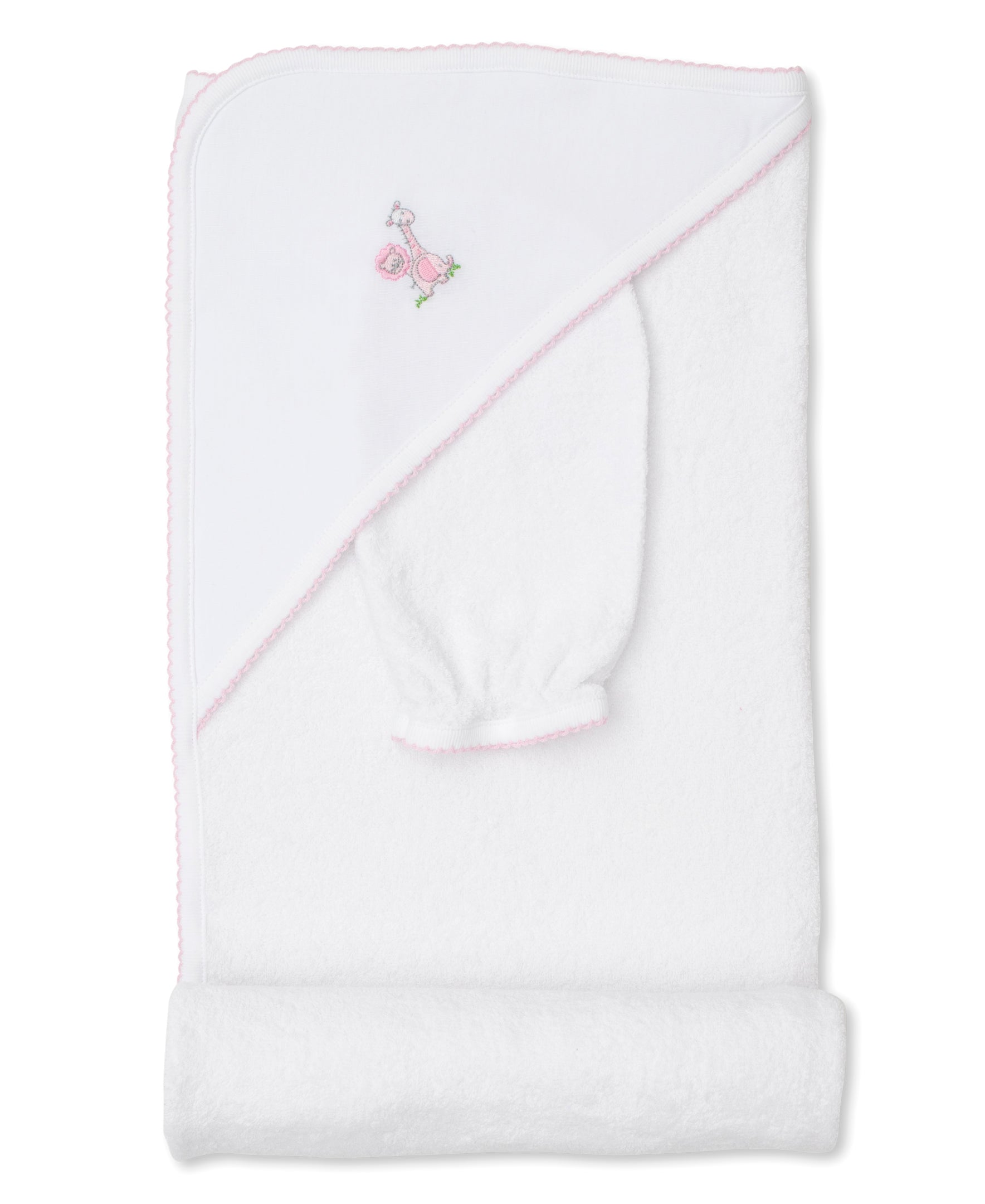 Gingham Jungle Pink Hooded Towel with Mitt Set