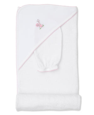 Gingham Jungle Pink Hooded Towel with Mitt Set