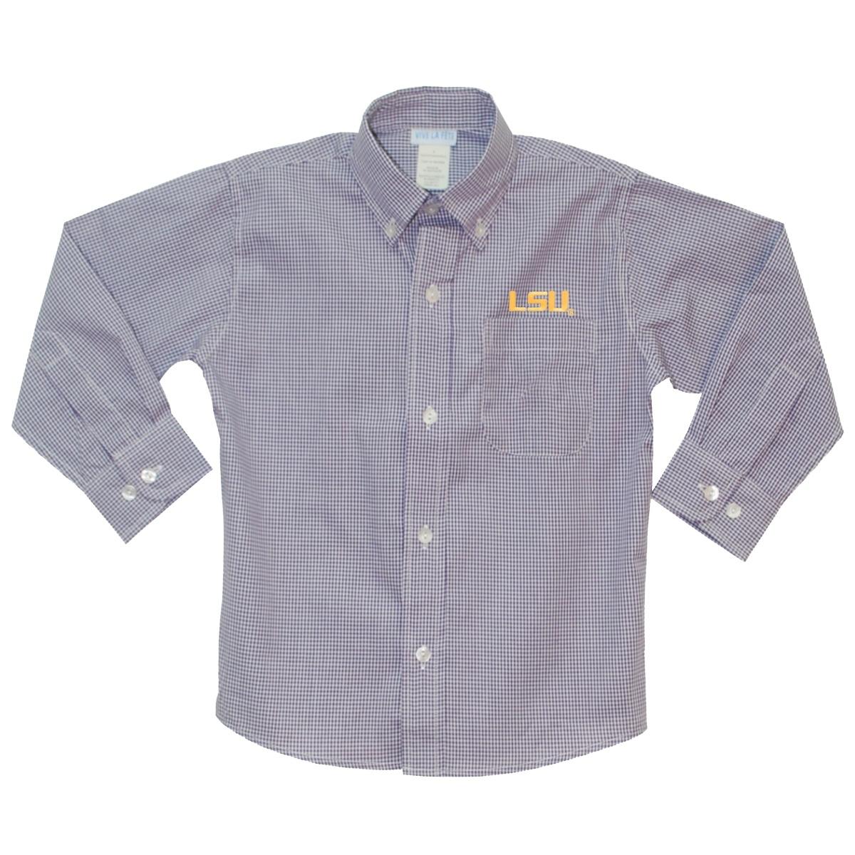 LSU Embroidered Purple Gingham Long Sleeve Button Down Shirt