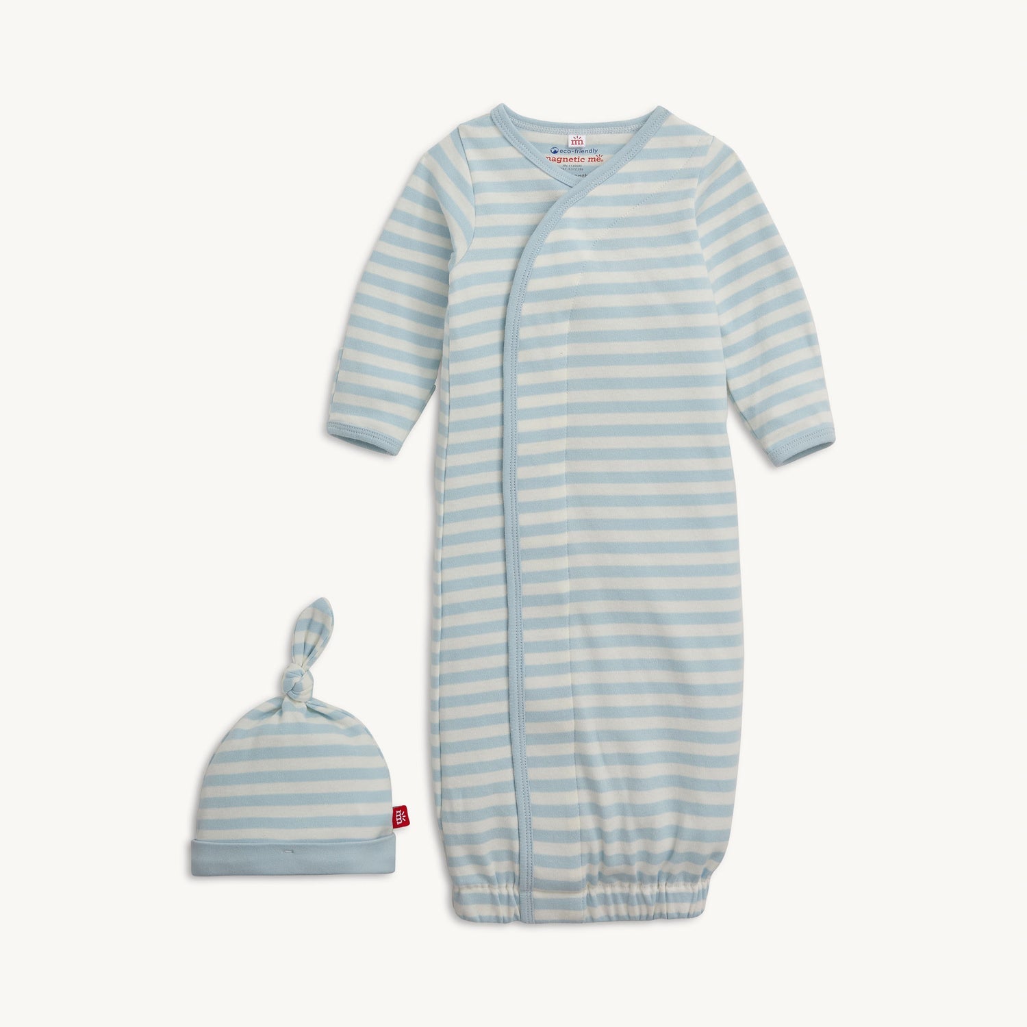 Blue Stripe Organic Cotton Magnetic Gown + Hat Set