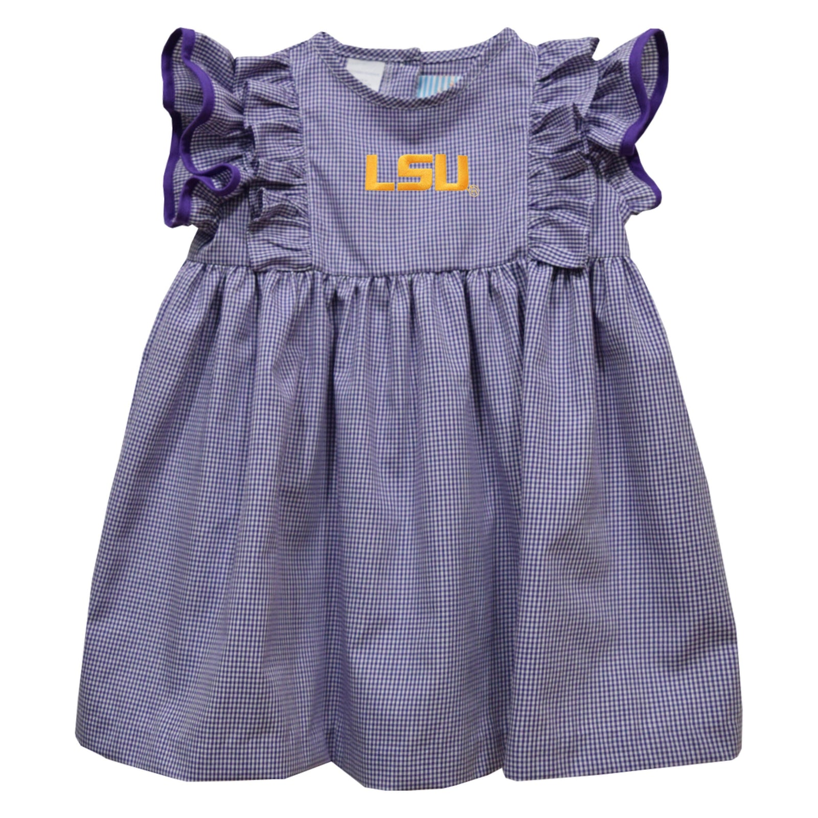 LSU Tigers Embroidered Purple Gingham Ruffle Dress