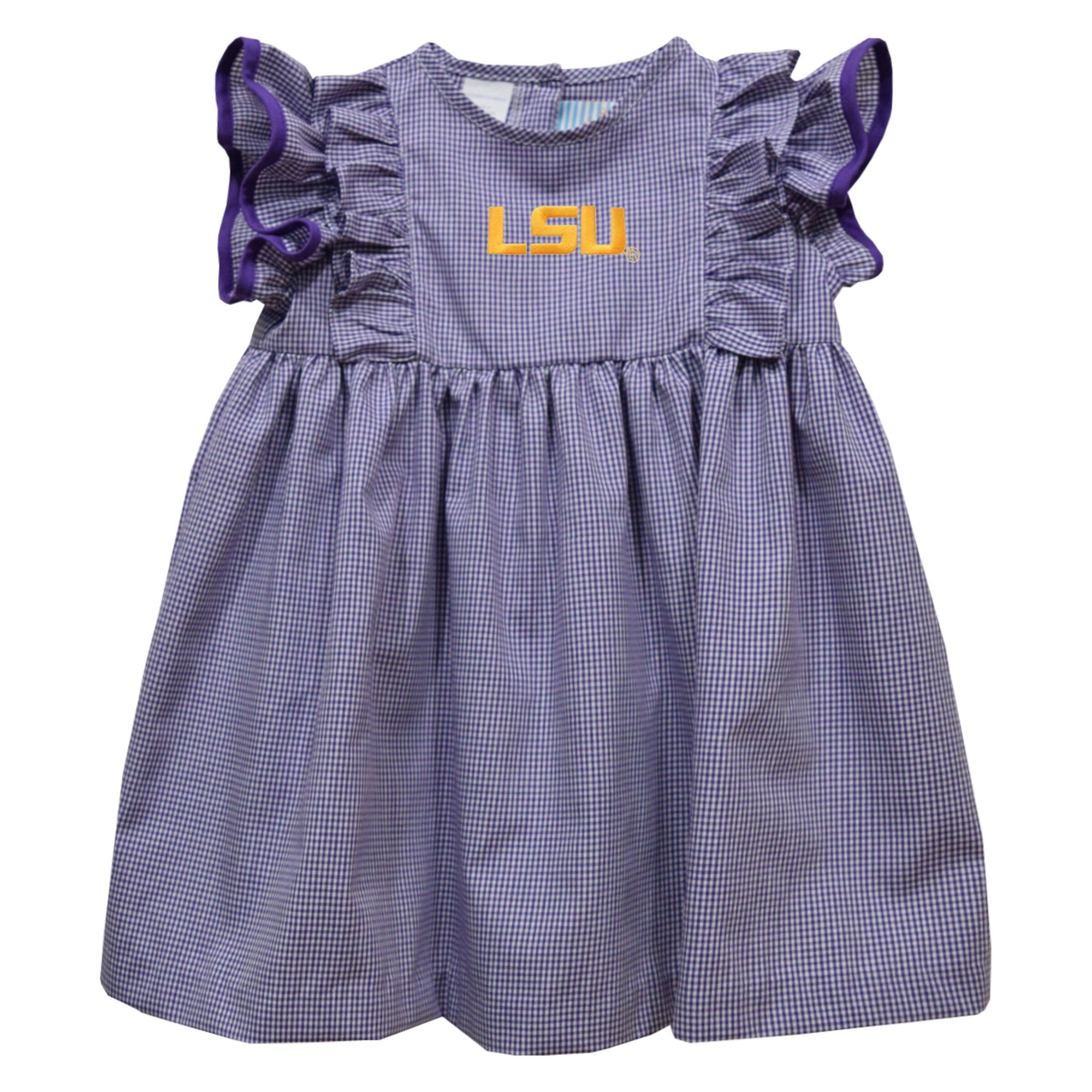 LSU Tigers Embroidered Purple Gingham Ruffle Dress