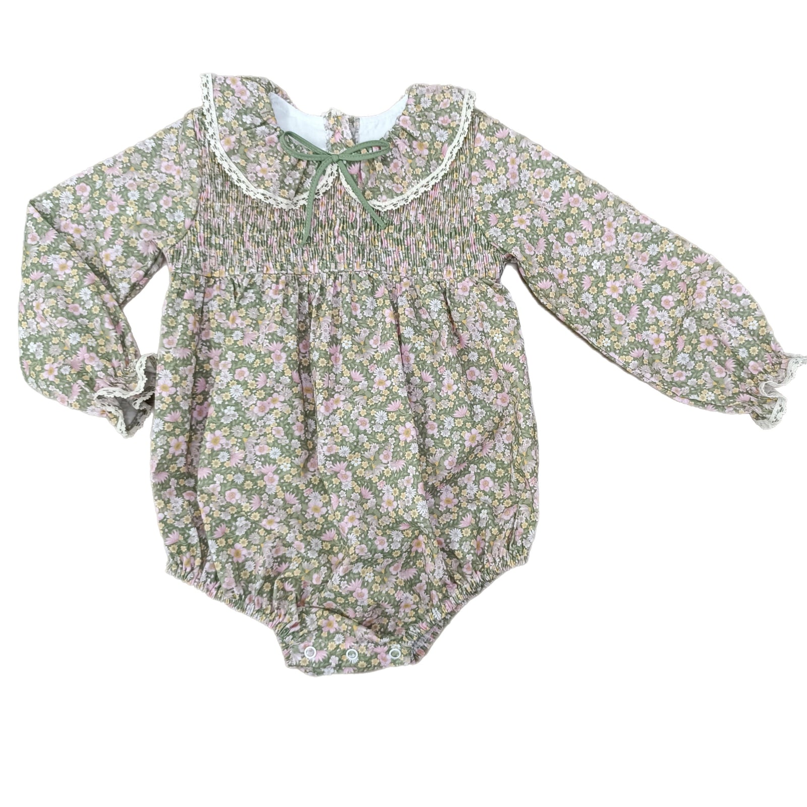 Long Sleeve Green and Pink Floral Smocked Ruffle Collar Bubble