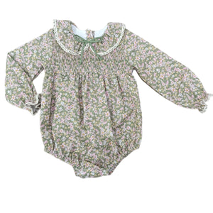 Long Sleeve Green and Pink Floral Smocked Ruffle Collar Bubble