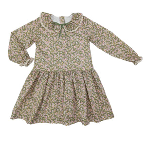 Long Sleeve Green and Pink Floral Ruffle Collar Dress