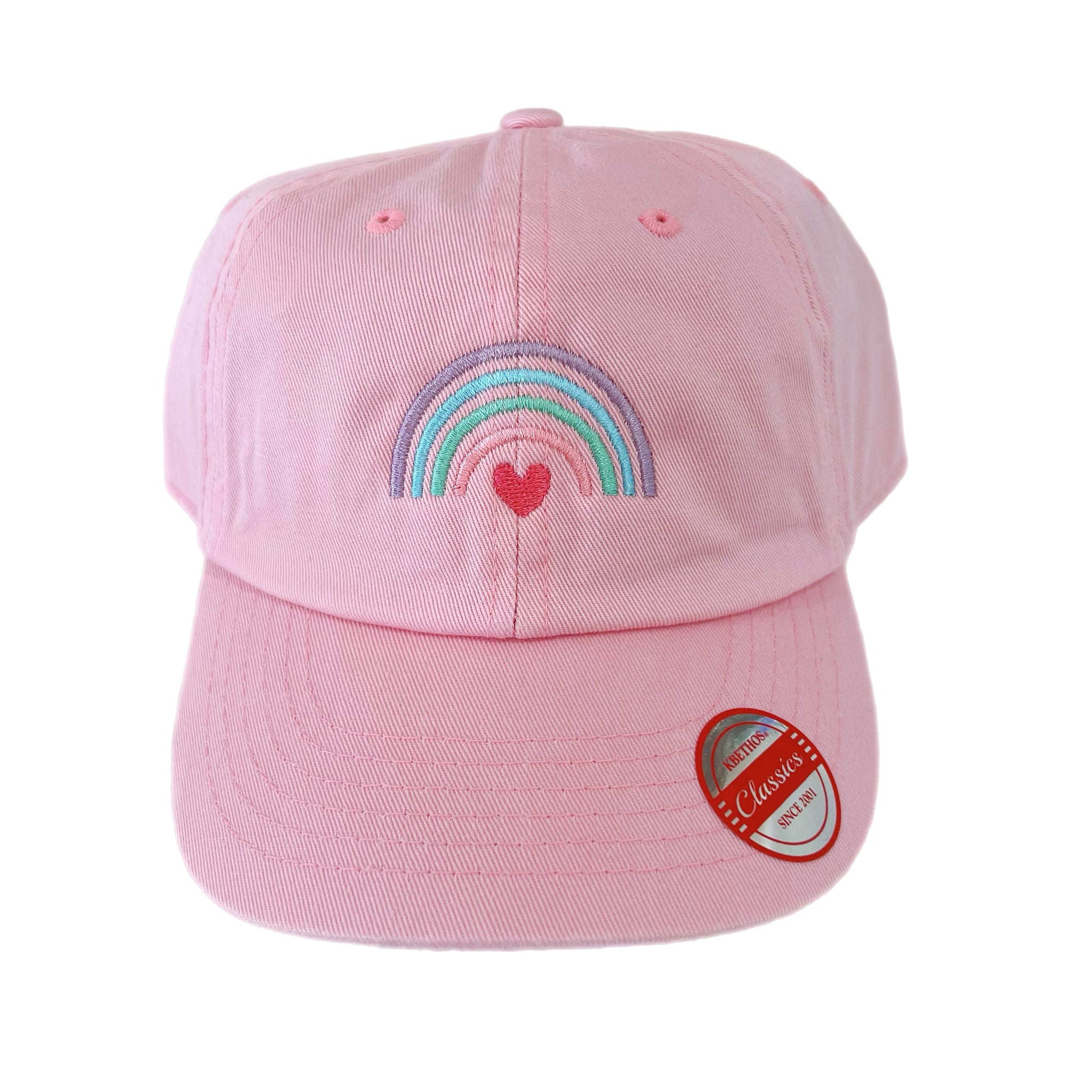 Kids Embroidered Baseball Hat | Heart Rainbow | Light Pink