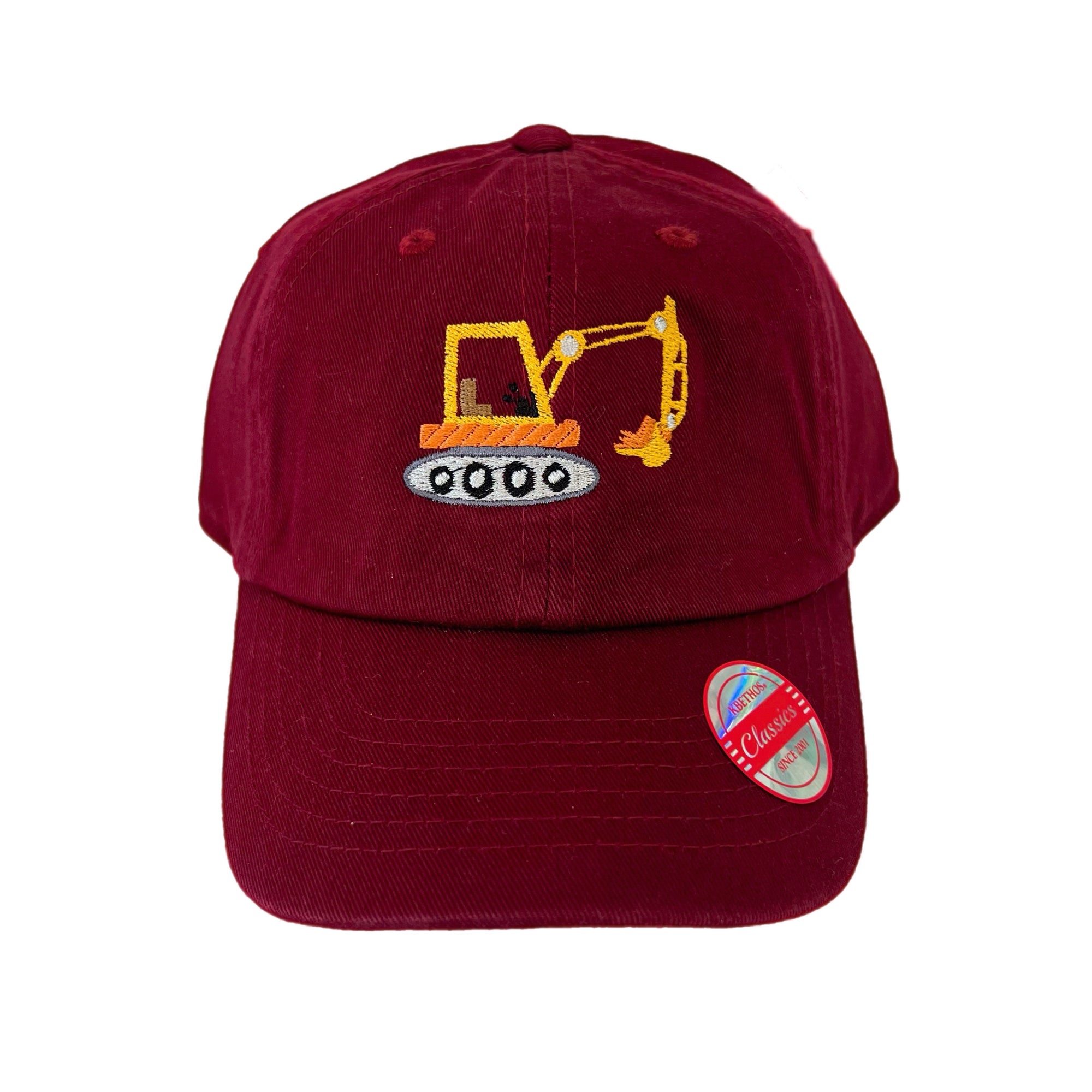 Kids Embroidered Baseball Hat | Construction Digger | Maroon
