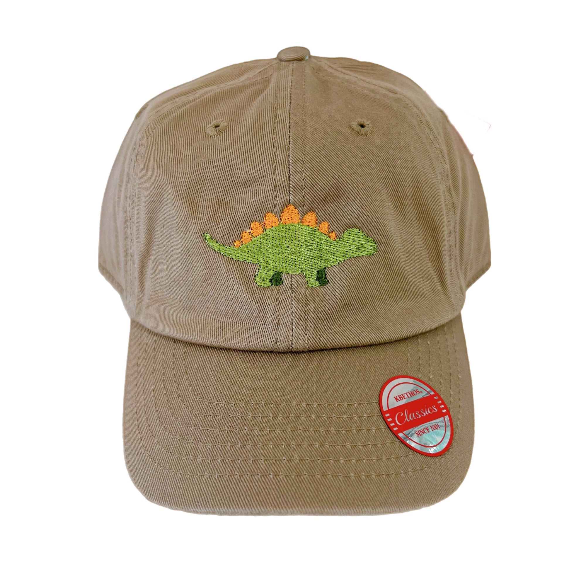 Kids Embroidered Baseball Hat | Stegosaurus Dino | Dark Khaki