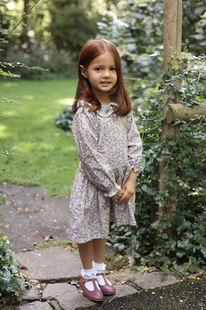 Long Sleeve Green and Pink Floral Smocked Ruffle Collar Bubble