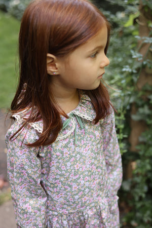 Long Sleeve Green and Pink Floral Ruffle Collar Dress