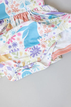 Pastel Floral Bunnies Twirl Skirted Bodysuit