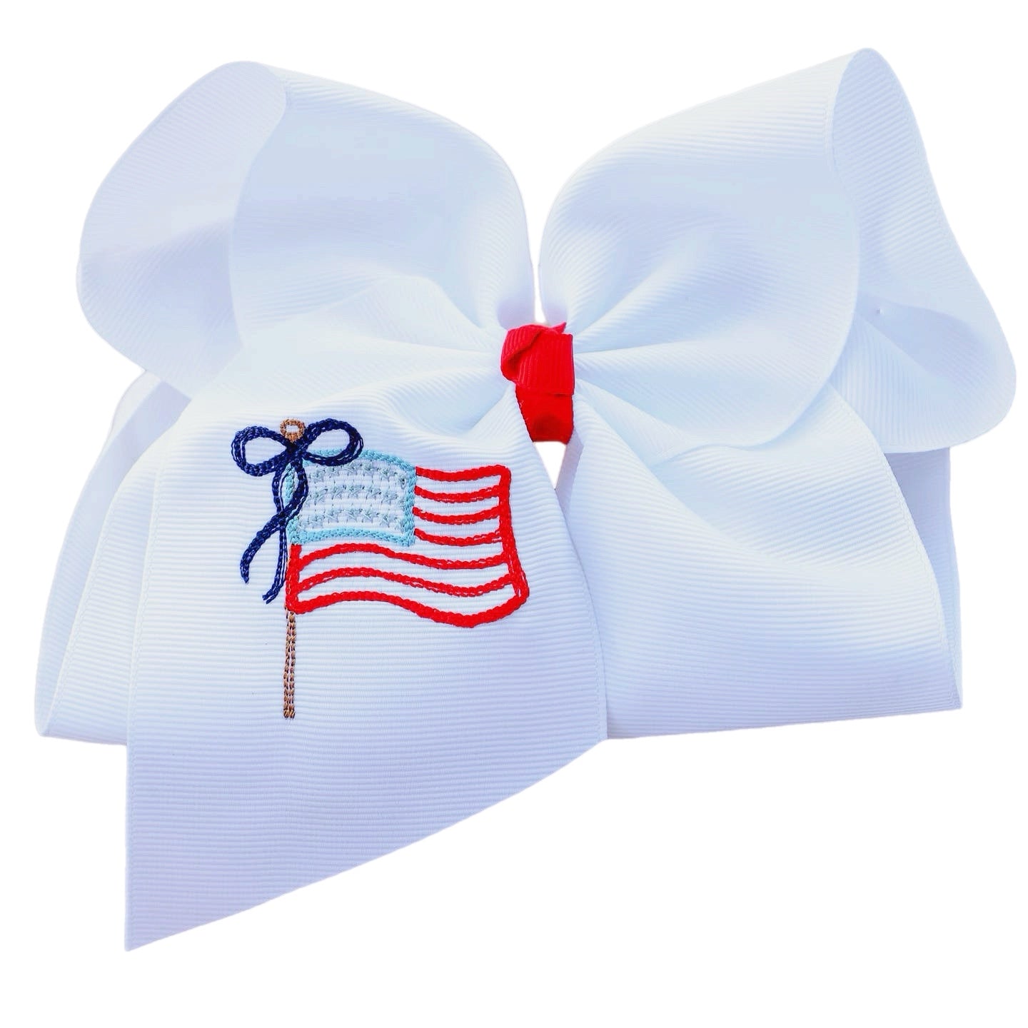 American Flag with Bow Embroidered Grosgrain Hair Bow with Knot Wrap