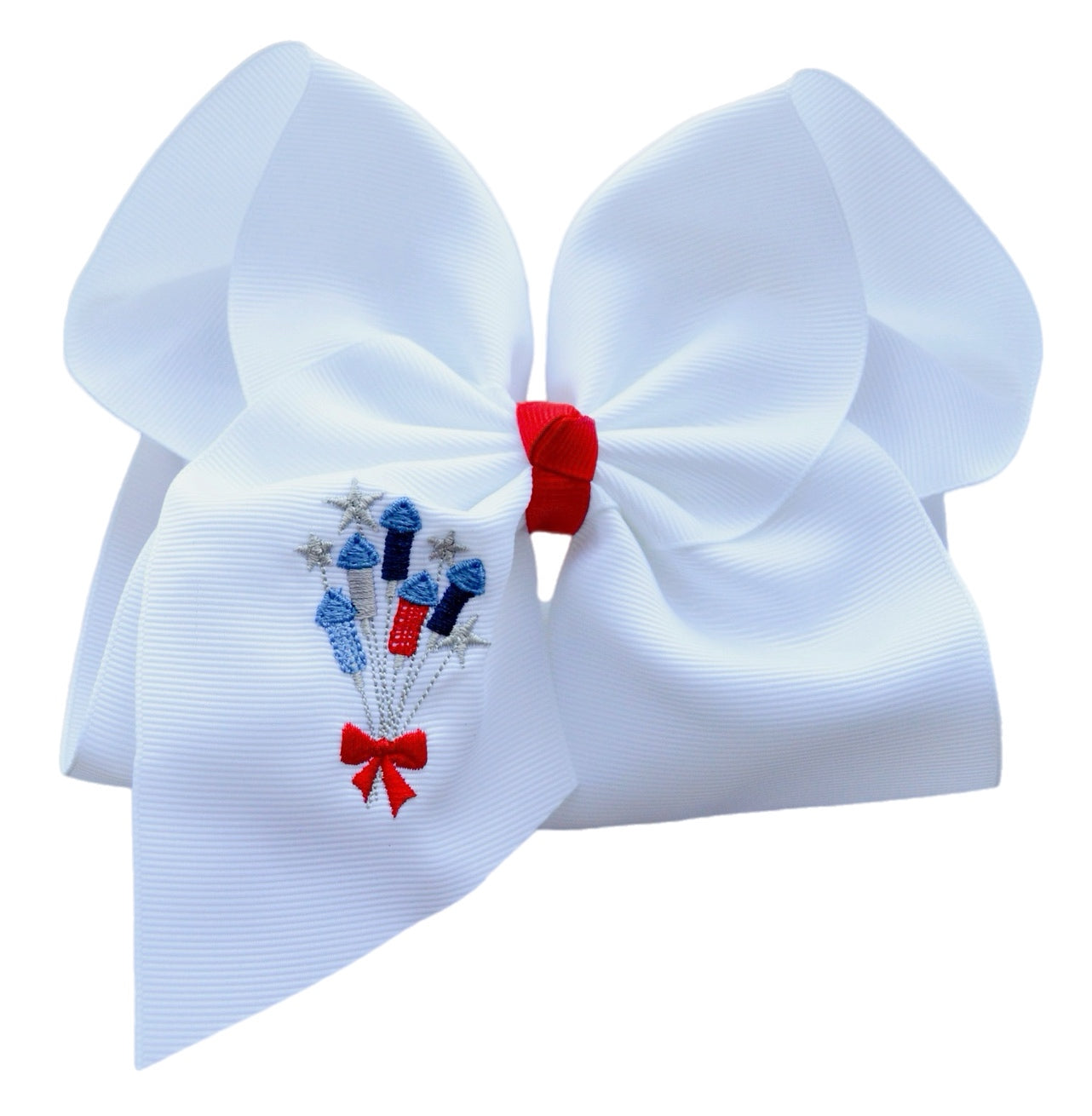 Fireworks and Stars Embroidered Grosgrain Hair Bow with Knot Wrap