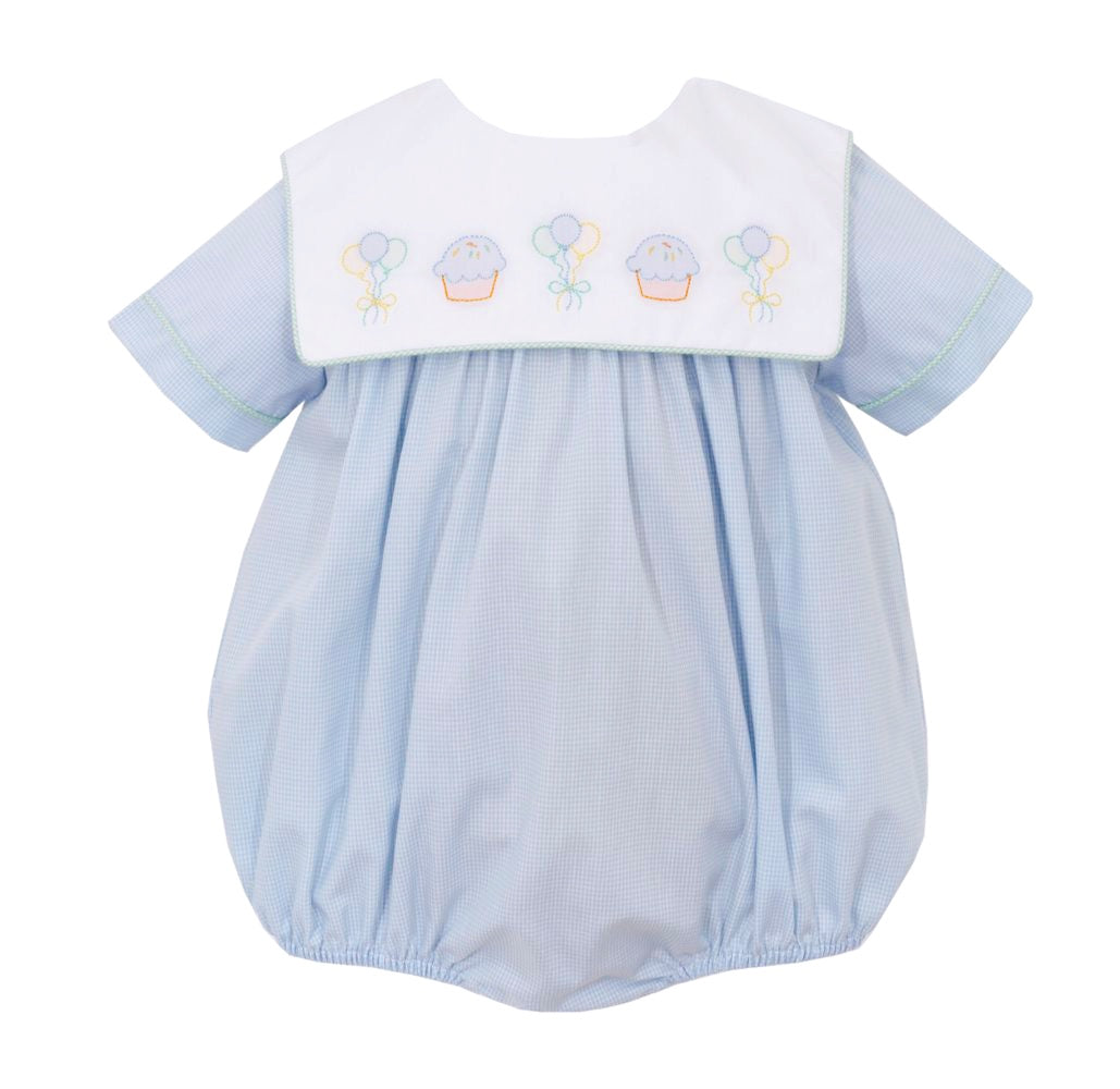 Boys Blue Gingham Birthday Embroidery Bubble