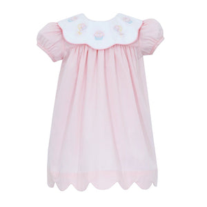 Girls Scallop Collar Pink Gingham Dress with Birthday Embroidery