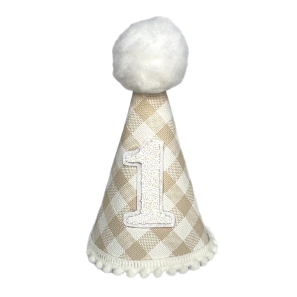 Neutral Gingham Birthday Party Hat #1