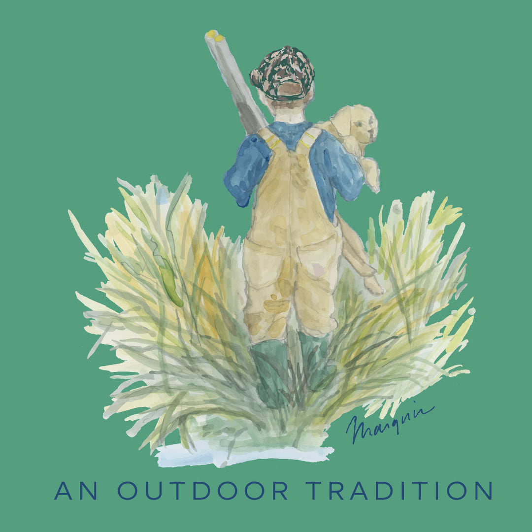 Pro Performance Fishing Tee | Green Spruce Boy and His Lab Puppy