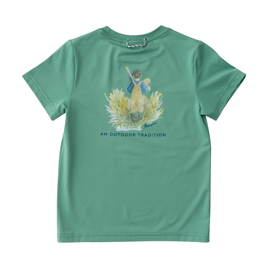 Pro Performance Fishing Tee | Green Spruce Boy and His Lab Puppy
