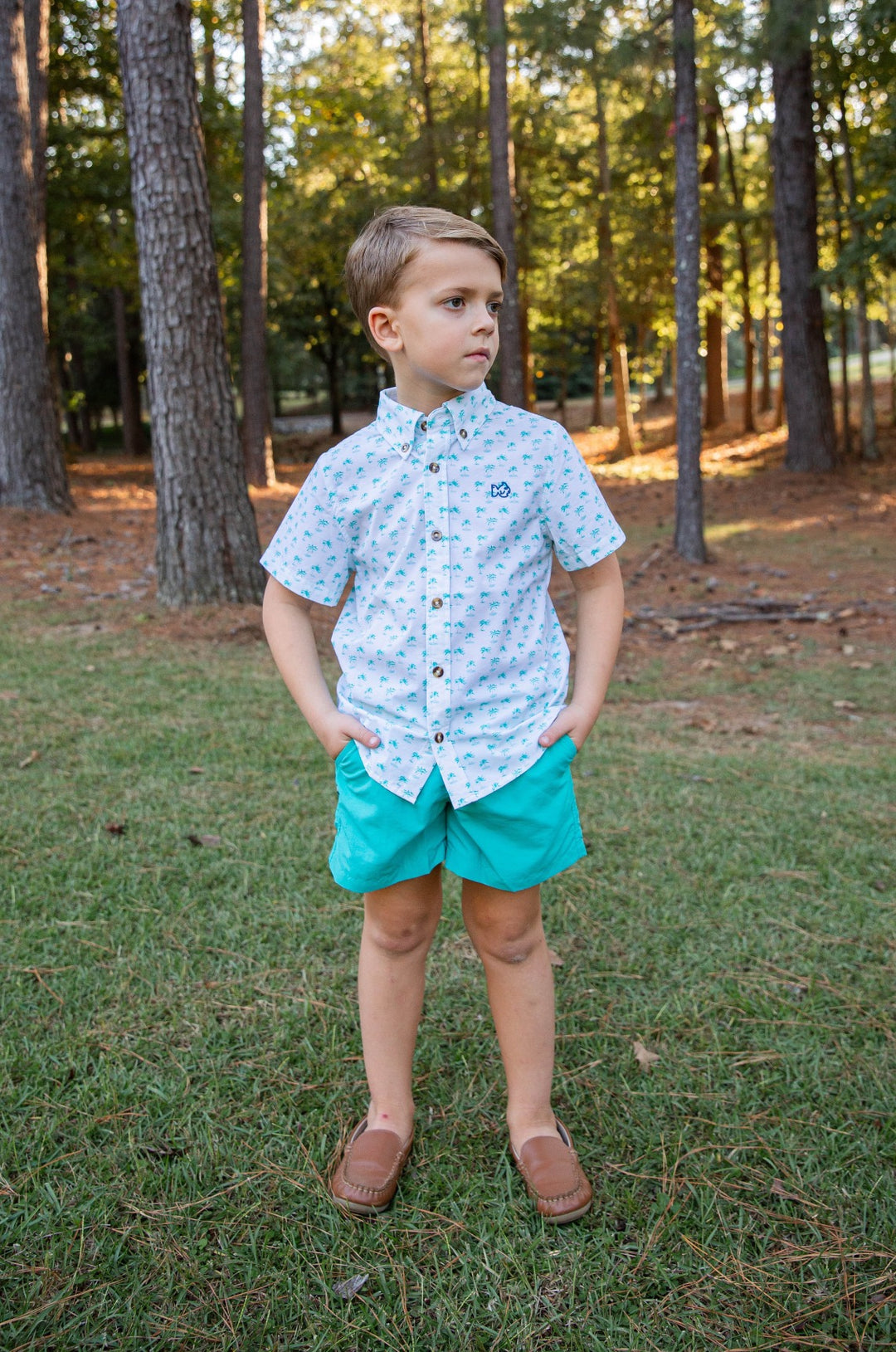 Short Sleeve Fishing Shirt | Palm Tree Print on White