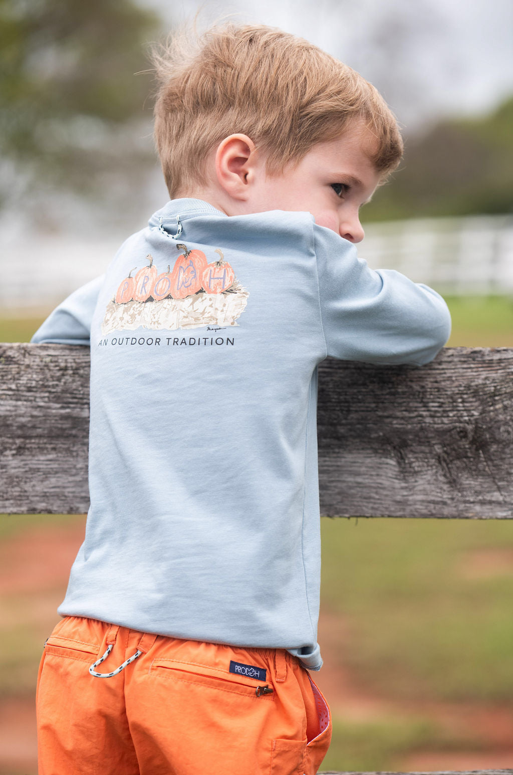 Long Sleeve Blue Gray Cotton T-shirt | Pumpkin Harvest Fall Festival