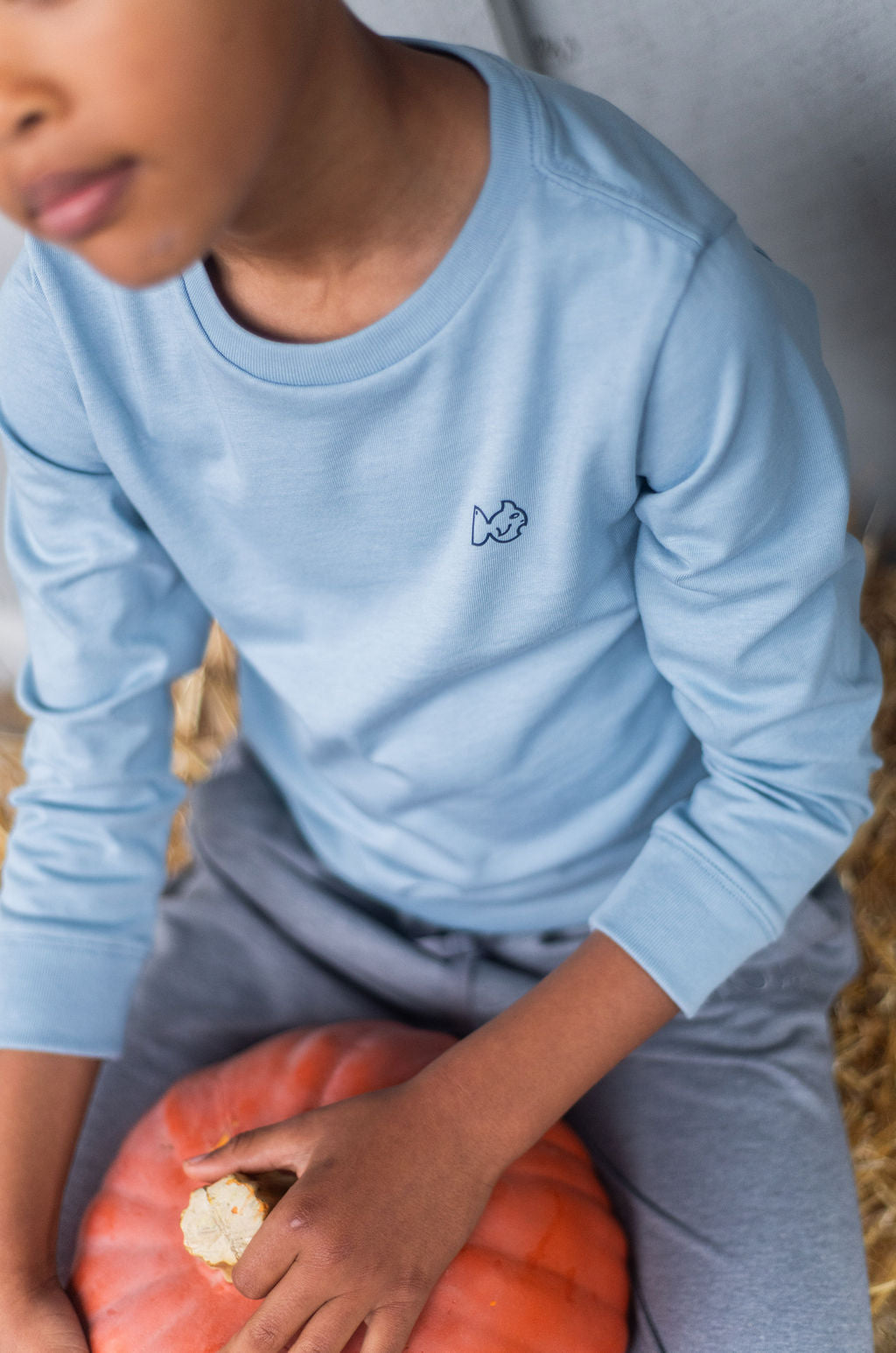 Long Sleeve Blue Gray Cotton T-shirt | Pumpkin Harvest Fall Festival