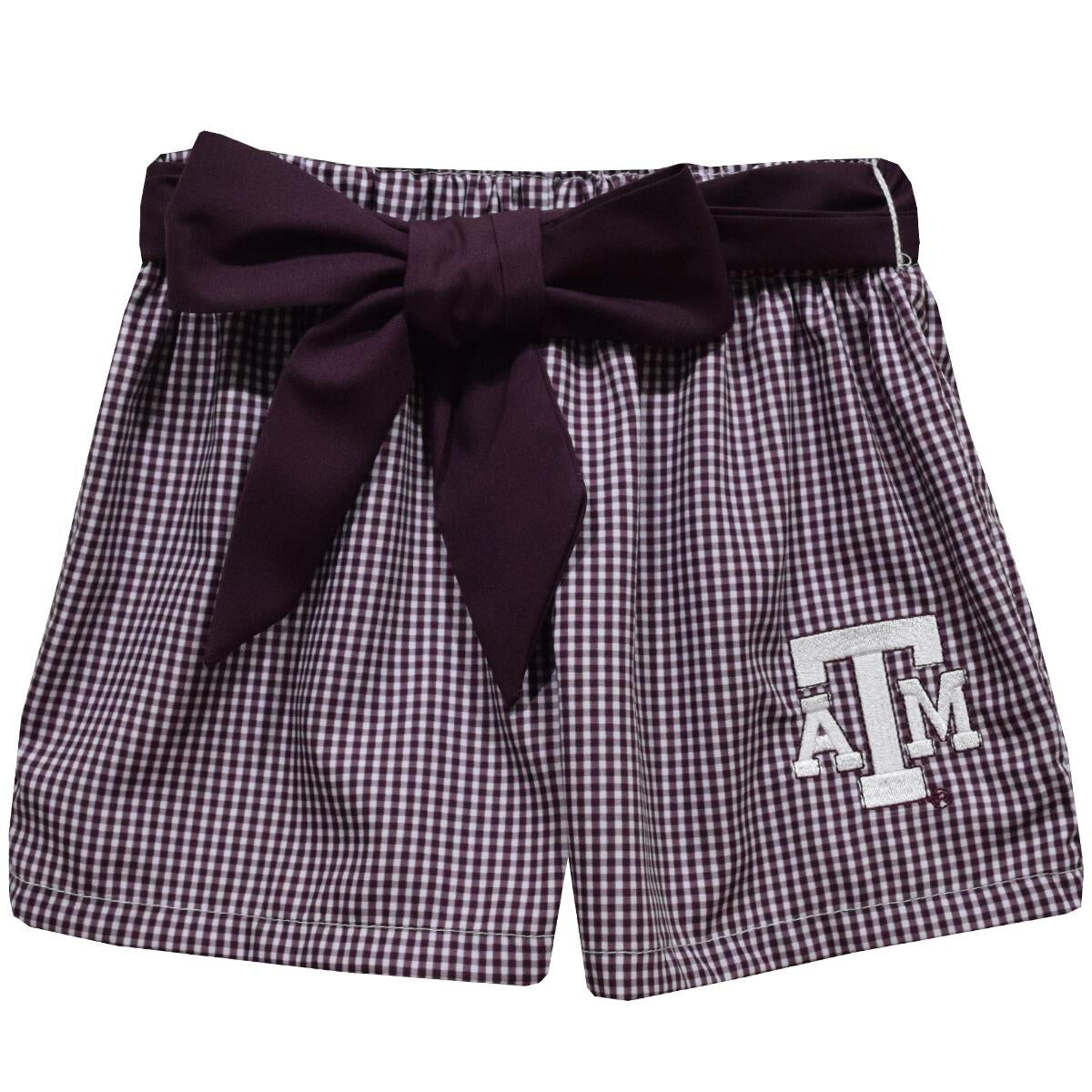 Texas A&M Aggies Embroidered Maroon Gingham Girls Short with Sash
