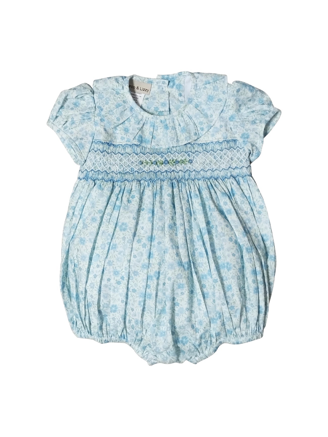 Carly Blue Flowers Print Smocked Baby Bubble