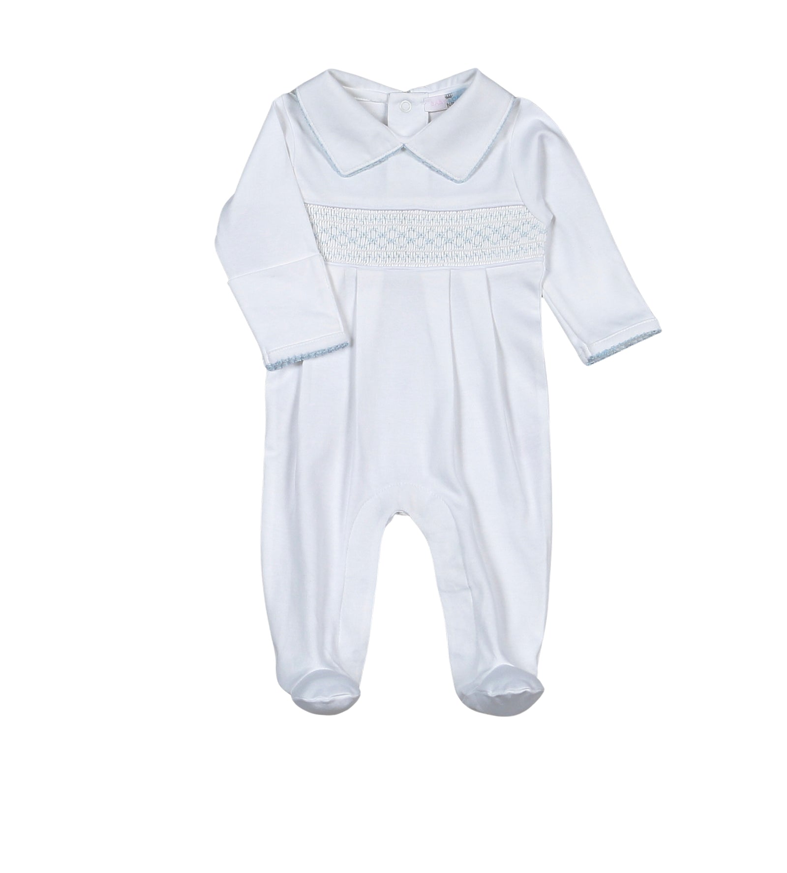 Tim White and Blue Hand Smocked Pima Footie