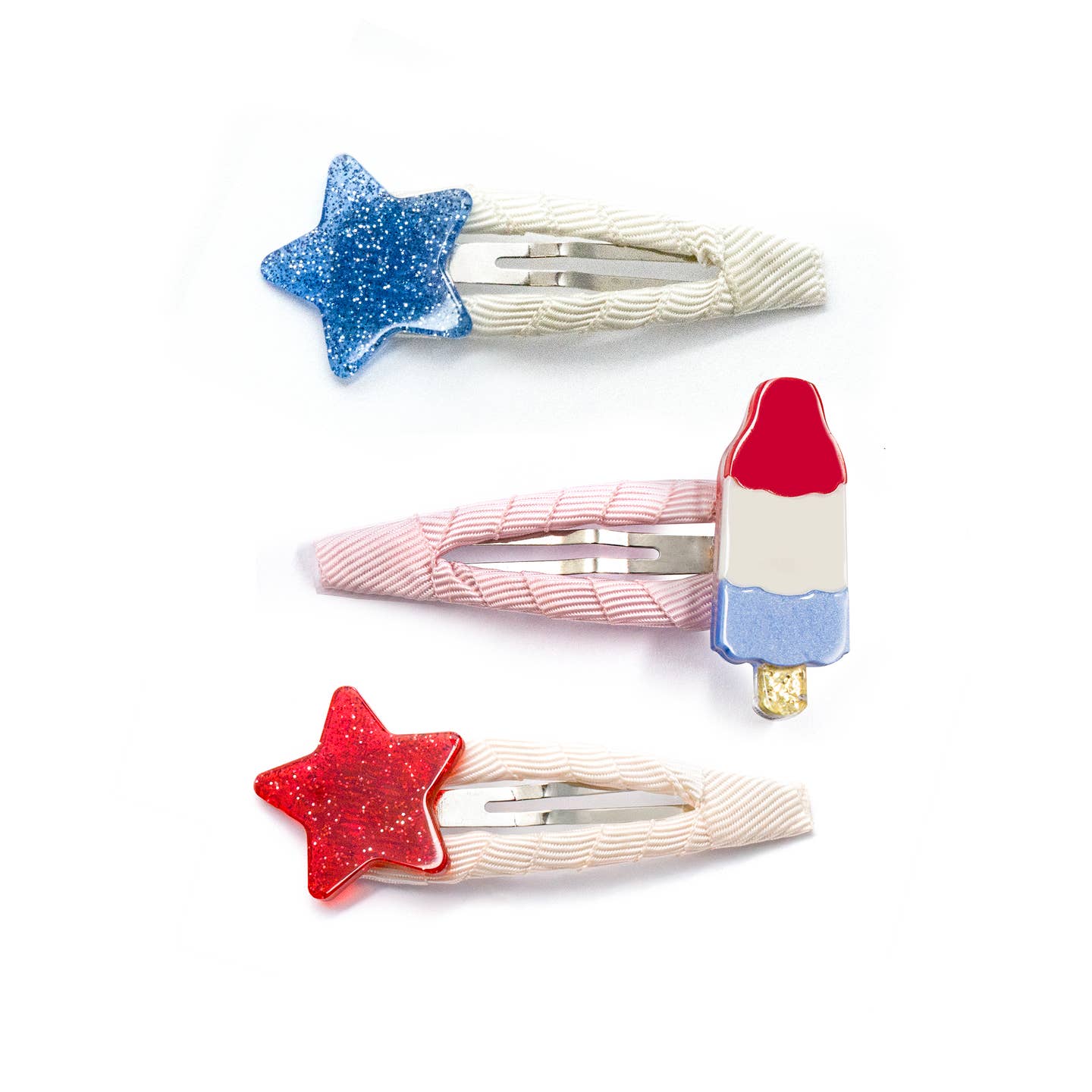 Popsicle & Stars Red Blue 4th of July Patriotic Acrylic Covered Snap Clips | Set of 3