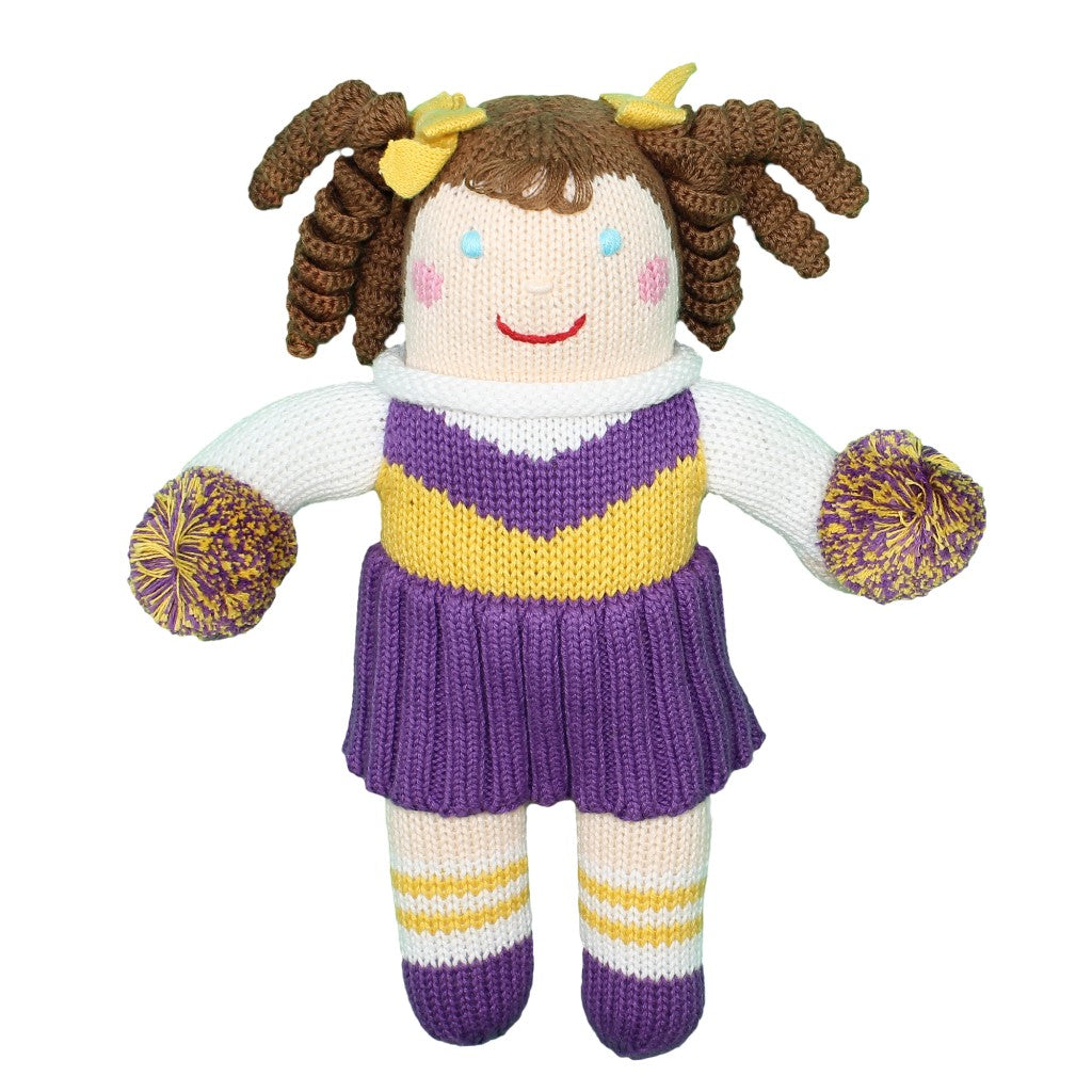 Handcrafted Knit Cheerleader Doll | Purple and Gold