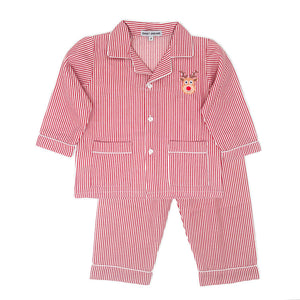 Red Stripe Rudolph Embroidered Pajama Set